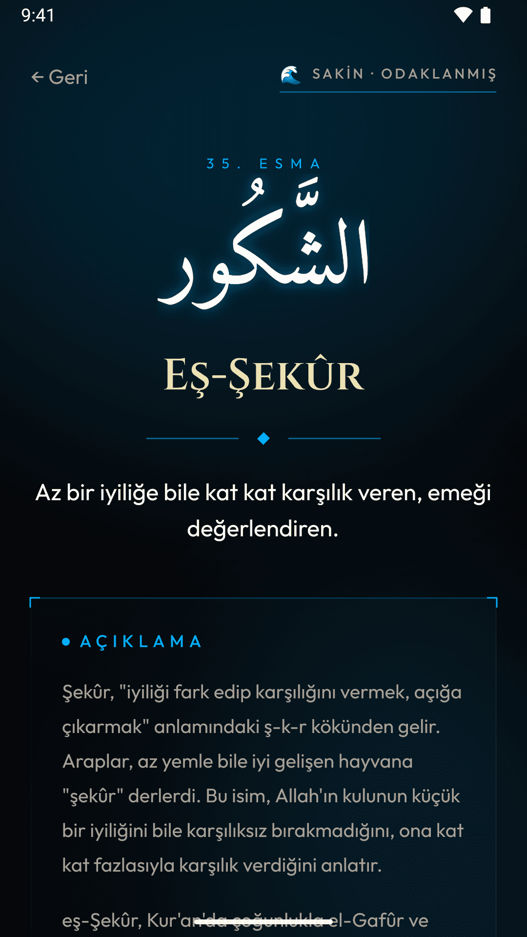 Inner Hunt esma detay ekranı: 35. esma Eş-Şekûr, Arapça yazımı, anlamı ve açıklama bölümü