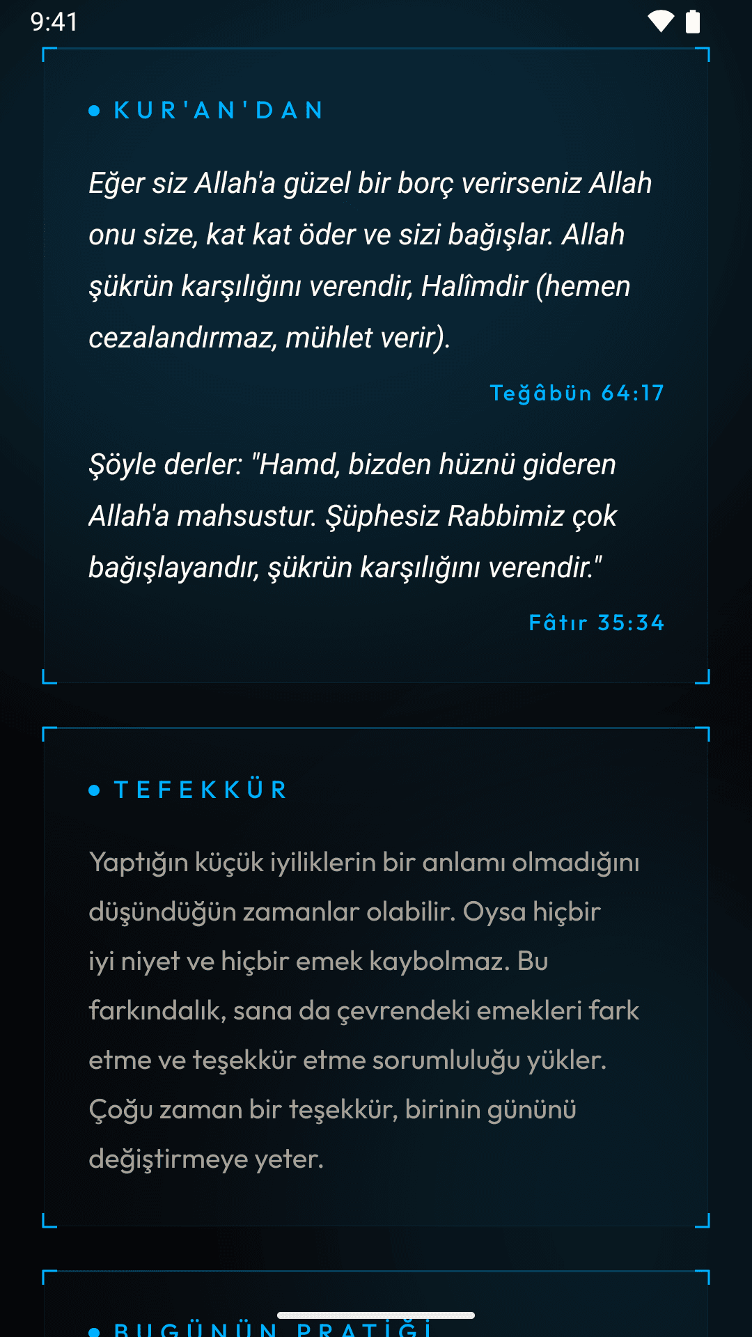 Inner Hunt esma detay ekranının devamı: Kur'an'dan ayetler ve tefekkür bölümü